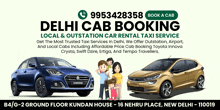 an advertisement for delhi cab booking shows a family standing next to two cars