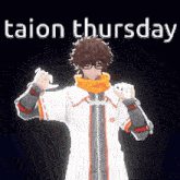 a cartoon character with the words taion thursday written on it