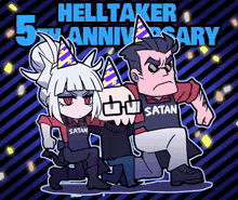 a poster for helltaker 5th anniversary shows a man and a girl