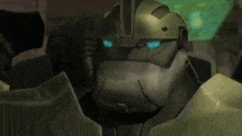a close up of a robot with blue eyes looking at the camera
