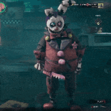 a clown is standing in a dark room with a play button in the corner .