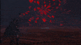 a painting of a volcano with red flames coming out