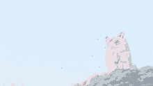a cartoon of a cat sitting on top of a hill with a blue sky behind it