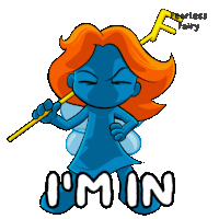 a cartoon of a blue fairy holding a yellow stick with the words fearless fairy below her
