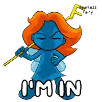 a cartoon of a blue fairy holding a yellow stick with the words fearless fairy below her