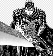 a black and white drawing of a knight holding a large sword