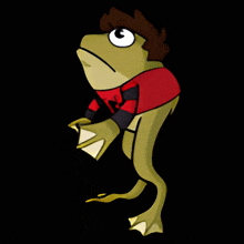 a cartoon frog wearing a red shirt and black pants