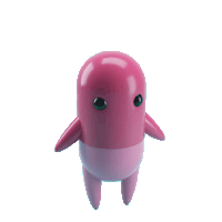 a pink capsule with black eyes and legs is standing on a white background