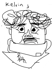 a black and white drawing of a man with the name kelvin written below it