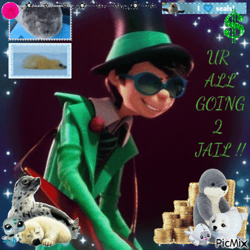 a picture of a man in a green suit with a caption that says ur all going to jail