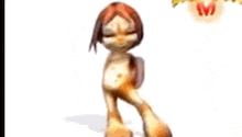 a cartoon character is making a funny face while holding a piece of food .