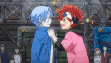 a couple of anime characters are standing next to each other .