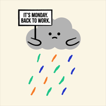 a cloud with a sad face holding a sign that says it 's monday back to work