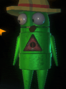 a green robot wearing a hat has a red triangle on his chest