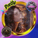 a picture of a woman in a gold frame that says pretty on it
