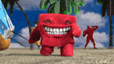 a red monster with a big smile is standing on a beach next to a surfboard that says ' hawaii ' on it
