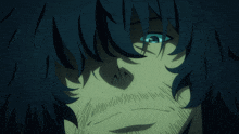 a close up of a person 's face with blue hair and yellow eyes