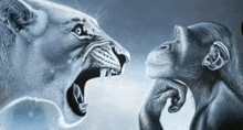 a drawing of a lion and a chimpanzee with their mouths open
