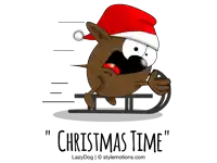 a cartoon of a dog wearing a santa hat and sledding with the words " christmas time "
