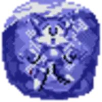a pixel art drawing of a blue object with a face on it