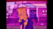 bart simpson is wearing headphones and a suit and tie while standing on a sidewalk .