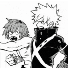 a black and white drawing of two anime characters standing next to each other and fighting .