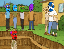 a group of cartoon characters are standing around a hole