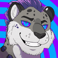 a cartoon drawing of a leopard with purple hair and blue eyes