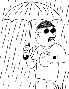 a black and white drawing of a man holding an umbrella in the rain