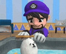 a man in a purple hat is brushing a seal 's head in a sink .