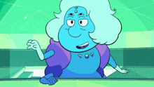a cartoon character with a blue face and a purple coat