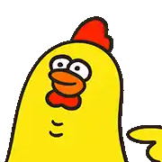 a cartoon chicken with a red comb and orange beak is looking at the camera .
