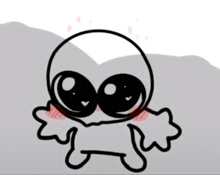 a black and white drawing of a cartoon character with big eyes and a smiley face .