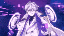 a man in a purple and white suit is holding a purple cube in his hands .