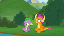 a cartoon of two dragons sitting next to each other on the grass