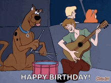 scooby doo and shaggy are playing drums and guitar in a cartoon .