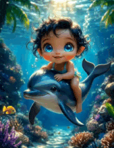 a little girl is sitting on a dolphin in the ocean