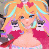 a pixel art of a girl with two teddy bears on her shoulder