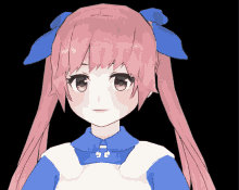 a girl with pink hair is wearing a blue and white dress