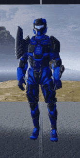a blue and black armored soldier with a shield and a gun