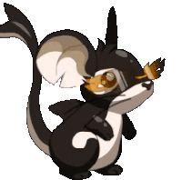a cartoon drawing of a black and white squirrel wearing goggles and a crown .