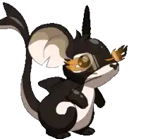 a cartoon drawing of a black and white squirrel wearing goggles and a crown .