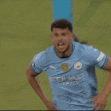 a soccer player wearing a light blue shirt that says fly emirates