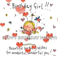 a birthday girl is surrounded by hearts and wishes for wonderful wonderful you .