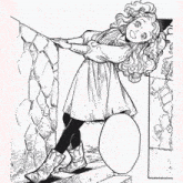 a black and white drawing of a girl leaning on a stone wall