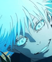 a close up of a person with blue hair and blue eyes smiling .