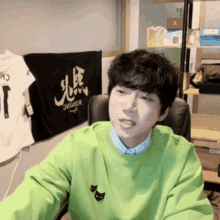 a young man wearing a green sweater with a cat on it is sitting in a chair