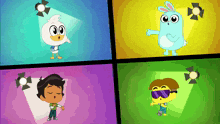 four cartoon characters are standing in front of spotlights on different backgrounds