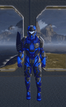 a blue and black armored soldier stands in front of a window
