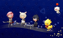 a group of cartoon characters standing on top of a music note
